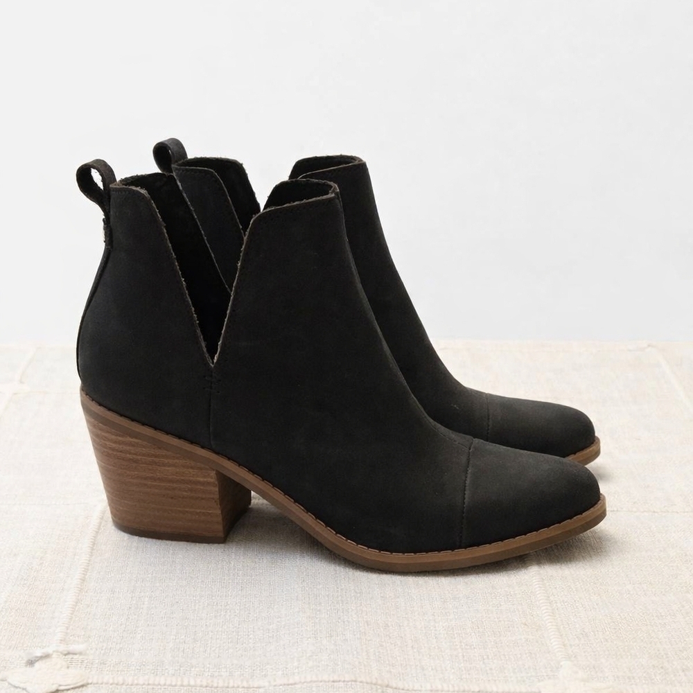 TOMS Everly Booties Womens 7 Black Leather Ankle Boots Stacked Heel